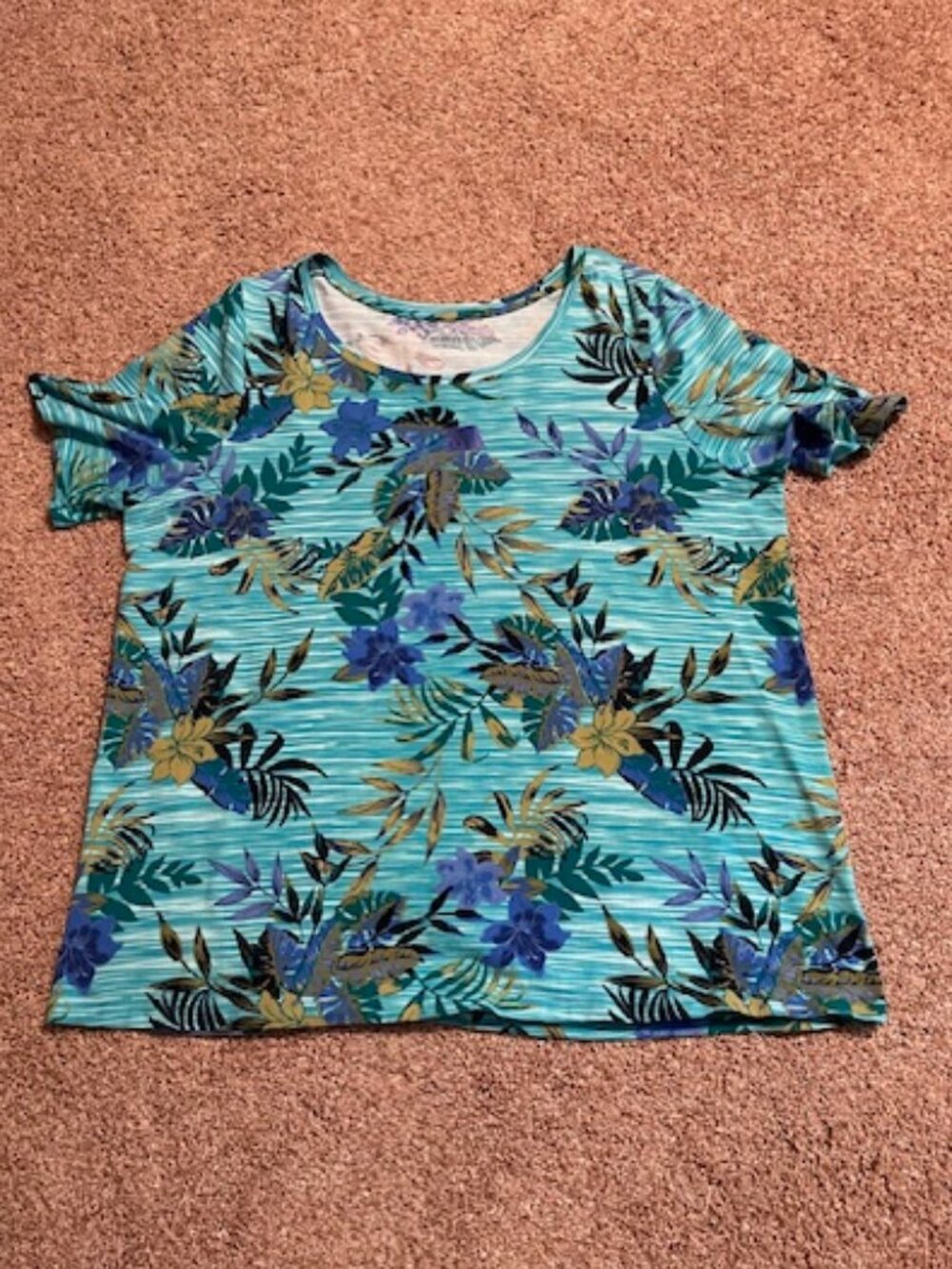 Catherines Teal Palm/Floral Crew Neck Short Sleeve Shirt – 0x